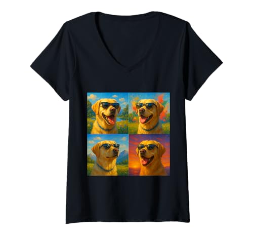 Damen Cool Retriever In Sonnenbrillensammlung T-Shirt mit V-Ausschnitt Damen Cool Retriever In Sonnenbrillensammlung T-Shirt mit V-Ausschnitt von Colorful Photobox Animals