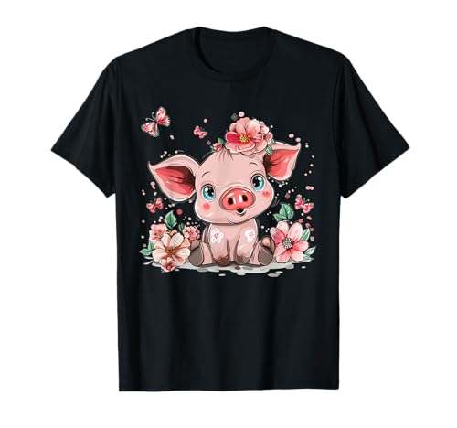 Süßes Schwein mit Blumen I Kids Pig T-Shirt Süßes Schwein mit Blumen I Kids Pig T-Shirt von Colorful Pig Art I Cartoon Pig