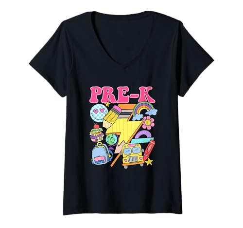 Damen Regenbogenbus für Schulabenteuer vor der K-Schule T-Shirt mit V-Ausschnitt von Colorful Preschool Learning Fun
