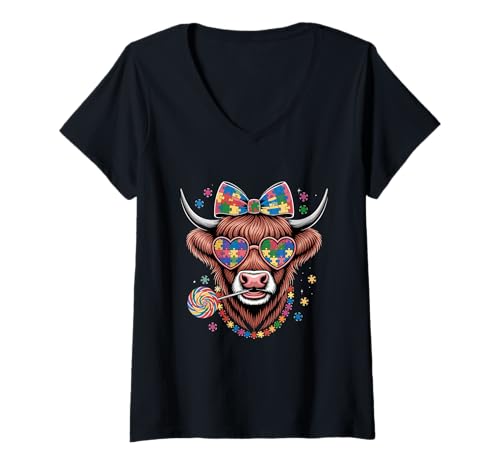 Damen Buntes Hochlandkuh mit Puzzle-Bogen T-Shirt mit V-Ausschnitt Damen Buntes Hochlandkuh mit Puzzle-Bogen T-Shirt mit V-Ausschnitt von Colorful Puzzle Pieces Highland Cow Lovers