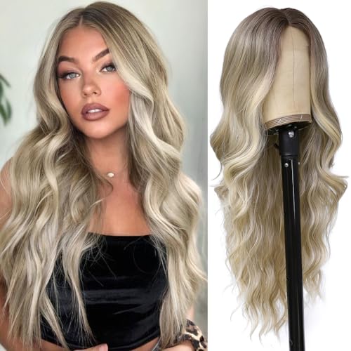Bunt Aschblond Perücke Lang 26 Zoll für Frauen Ombréblonde Reflexe Perücken Synthetische Spitze Perücken mit Streifen in der Mitte für den täglichen Gebrauch Cosplay Party von Colorful Queen