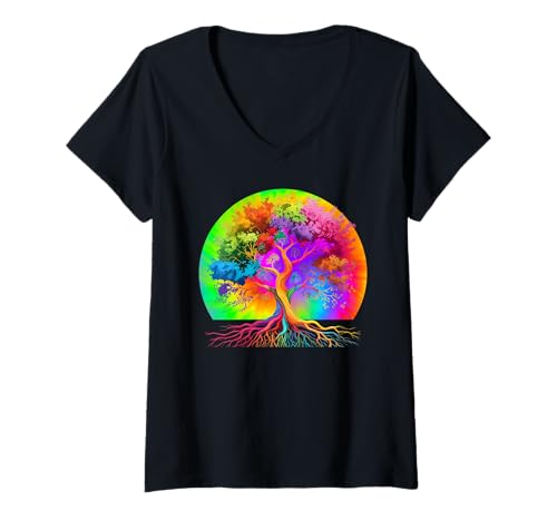 Damen Colourful Life is Really Good, einzigartige Baumkunstwurzeln im Vintage-Stil T-Shirt mit V-Ausschnitt von Colorful Really Good Life