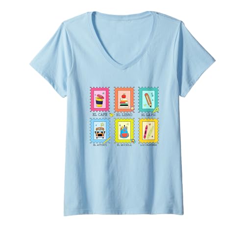 Damen School Vibes Stempelkollektion T-Shirt mit V-Ausschnitt von Colorful School Supplies Stamp Fun