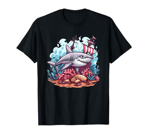 Hai mit Schiff I Kinder Hai T-Shirt von Colorful Shark Art I Cartoon Shark I Shark Fish