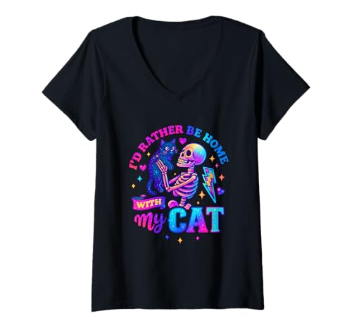Damen I'd Rather Be Home with My Cat Skelett T-Shirt mit V-Ausschnitt von Colorful Skeleton Cat Lovers Galactic Lightning
