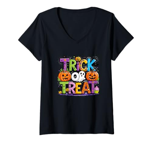 Damen Trick or Treat Halloween Design Bunte Schrift mit Kürbis T-Shirt mit V-Ausschnitt Damen Trick or Treat Halloween Design Bunte Schrift mit Kürbis T-Shirt mit V-Ausschnitt von Colorful Spooky Vibes