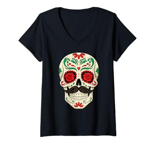 Damen Mexikanischer Totenkopf Kunst Halloween und Oktoberfest Stil für Männer T-Shirt mit V-Ausschnitt von Colorful Sugar Skull for Festival Season For Women