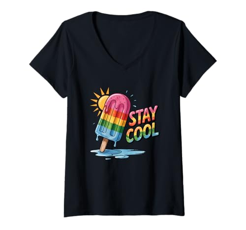 Damen „Stay Cool“ -Sonnenmotiv mit Regenbogenmotiv T-Shirt mit V-Ausschnitt Damen „Stay Cool“ -Sonnenmotiv mit Regenbogenmotiv T-Shirt mit V-Ausschnitt von Colorful Summer Popsicle Vibes Fun