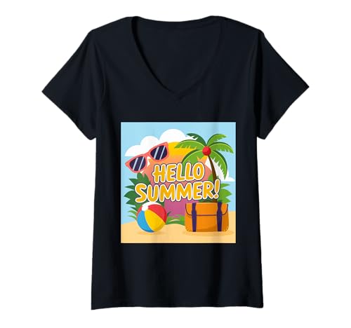 Damen Hello Summer Palm Tree Sun Ball Hello Summer Tropical Beach T-Shirt mit V-Ausschnitt Damen Hello Summer Palm Tree Sun Ball Hello Summer Tropical Beach T-Shirt mit V-Ausschnitt von Colorful Summer Start Hello Beach Day Feeling