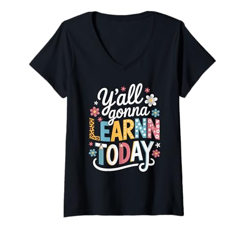Damen Lustiger Spruch Y'all Gonna Learn Today Leopard Bleistift Frauen T-Shirt mit V-Ausschnitt von Colorful Teacher Humor Moms Classroom Floral Quote