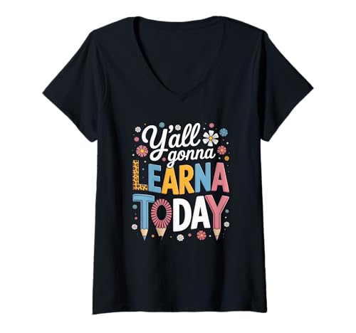 Damen Lustiger Spruch Y'all Gonna Learn Today Leopard Bleistift Frauen T-Shirt mit V-Ausschnitt von Colorful Teacher Humor Moms Classroom Floral Quote