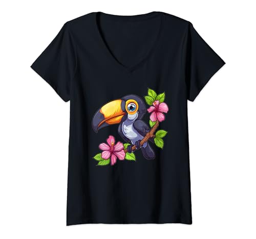 Damen Niedlicher Tukan mit Blumen I Tukan Vogel T-Shirt mit V-Ausschnitt von Colorful Toucan Art I Kids Toucan Bird