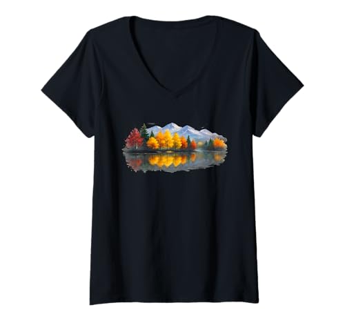 Damen Natur Reflektion Wald Bäume See Landschaft Outdoor Wildlife T-Shirt mit V-Ausschnitt Damen Natur Reflektion Wald Bäume See Landschaft Outdoor Wildlife T-Shirt mit V-Ausschnitt von Colorful Trees Nature Forest Lakeside Wildlife