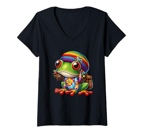Damen Niedlicher Hippie-Frosch, leuchtende Farben T-Shirt mit V-Ausschnitt Damen Niedlicher Hippie-Frosch, leuchtende Farben T-Shirt mit V-Ausschnitt von Colorful Vibrant Hippie Frog Art