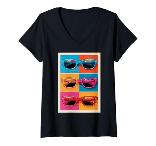 Damen Coole Sonnenbrille Pop Art Trio Design T-Shirt mit V-Ausschnitt Damen Coole Sonnenbrille Pop Art Trio Design T-Shirt mit V-Ausschnitt von Colorful Vibrant Retro Sunglasses Pop Art
