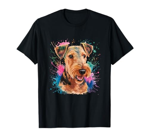 Herren Damen Bunte Aquarell Airedale Terrier T-Shirt von Colorful Watercolor Airedale Terrier Dog Mom Dad