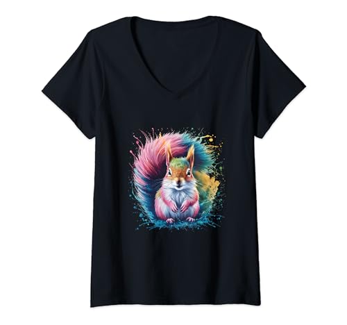 Damen Eichhörnchen Herren Damen Bunt Aquarell Eichhörnchen T-Shirt mit V-Ausschnitt von Colorful Watercolor Animal Designs