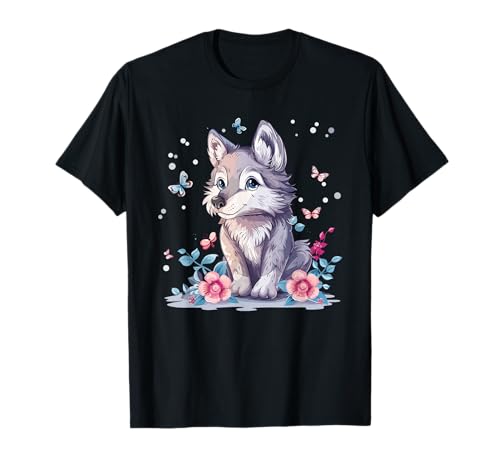 Süßer Wolf mit Blumen I Kids Wolf T-Shirt von Colorful Wolf Art I Cartoon Wolf