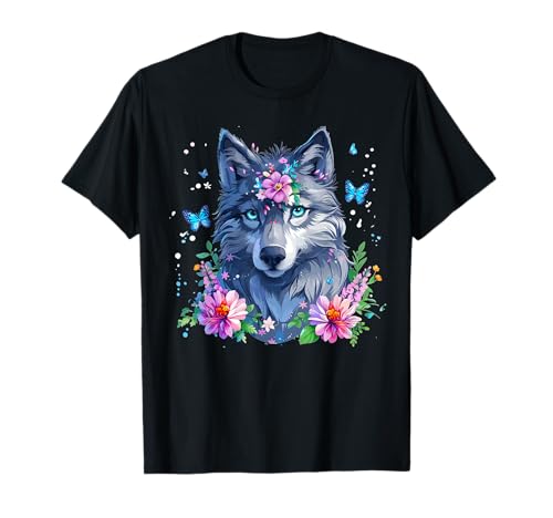 Süßer Wolf mit Blumen I Kids Wolf T-Shirt von Colorful Wolf Art I Cartoon Wolf