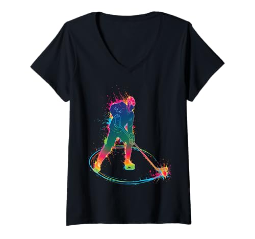 Damen Eishockeyspieler – Design Sport bunt Splash Art T-Shirt mit V-Ausschnitt Damen Eishockeyspieler – Design Sport bunt Splash Art T-Shirt mit V-Ausschnitt von Colorful hockey player splash art