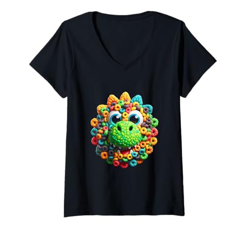 Damen Dinosaurier aus Fruchtschlaufen T-Shirt mit V-Ausschnitt Damen Dinosaurier aus Fruchtschlaufen T-Shirt mit V-Ausschnitt von ColorfulDino Creations
