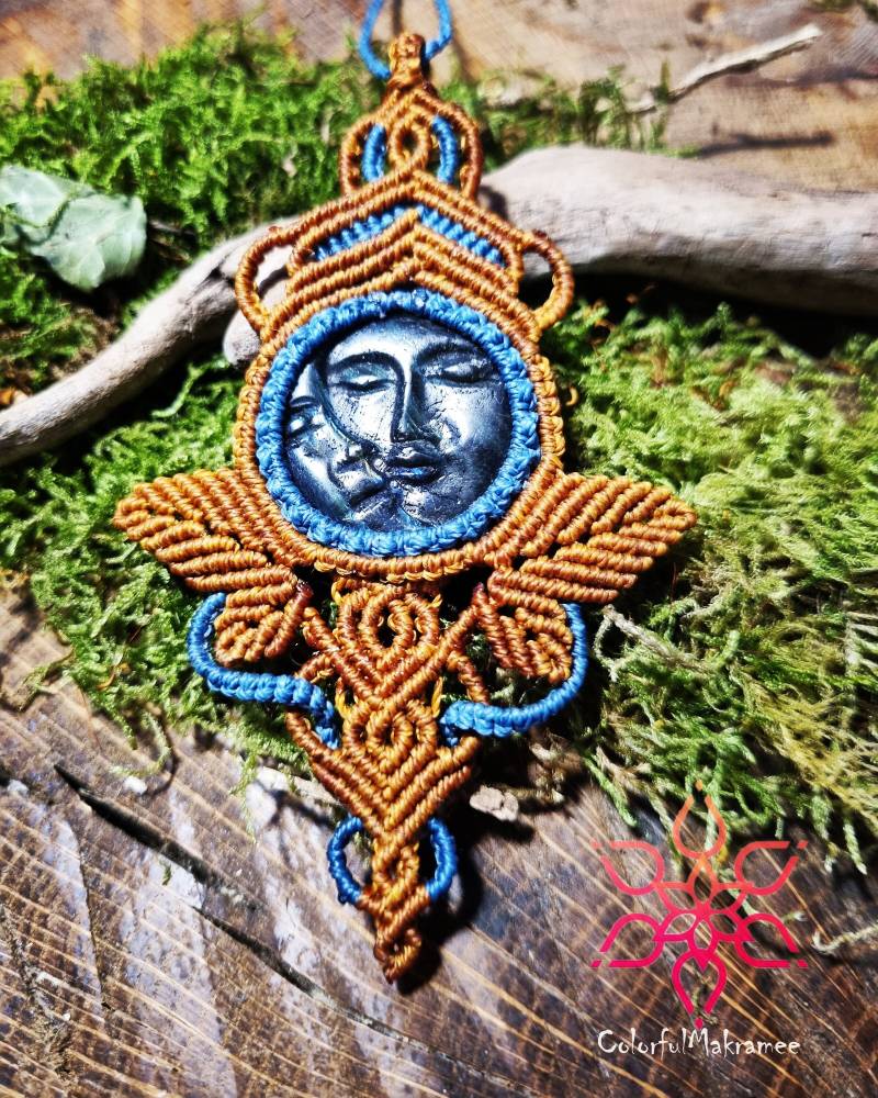 Makramee Macramé Halskette Amulett Labradorit Labradorithalskette Festivalschmuck Ethno Sonne Und Mond Bohemian Pagan Larp Wicca von ColorfulMakramee