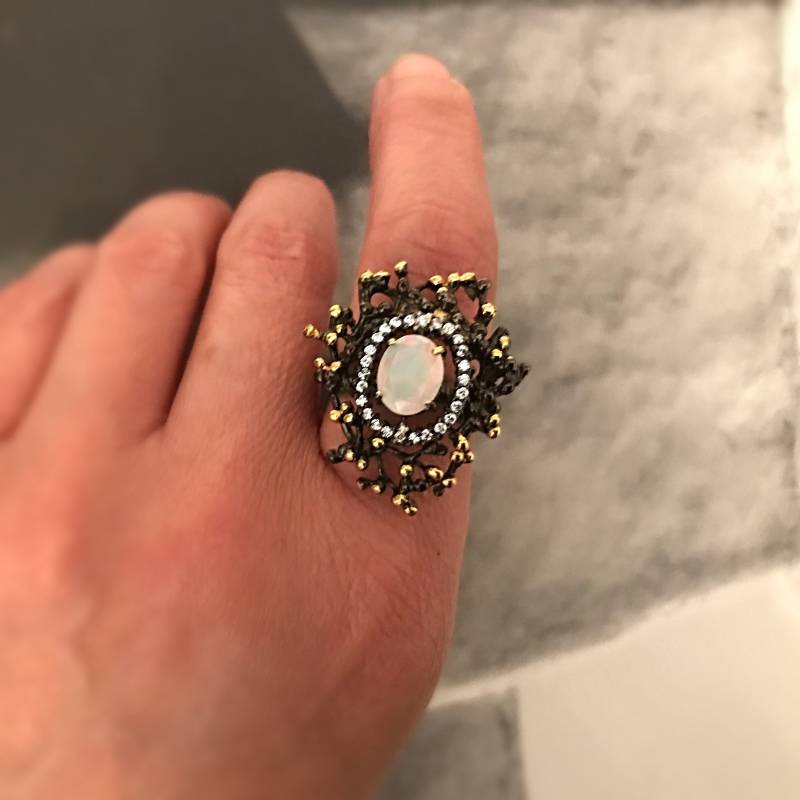 Natürlicher Opal Cz Abstrakter Sterling Silber Handwerker Statement-Ring 7, 5 von ColorsOfEtnika