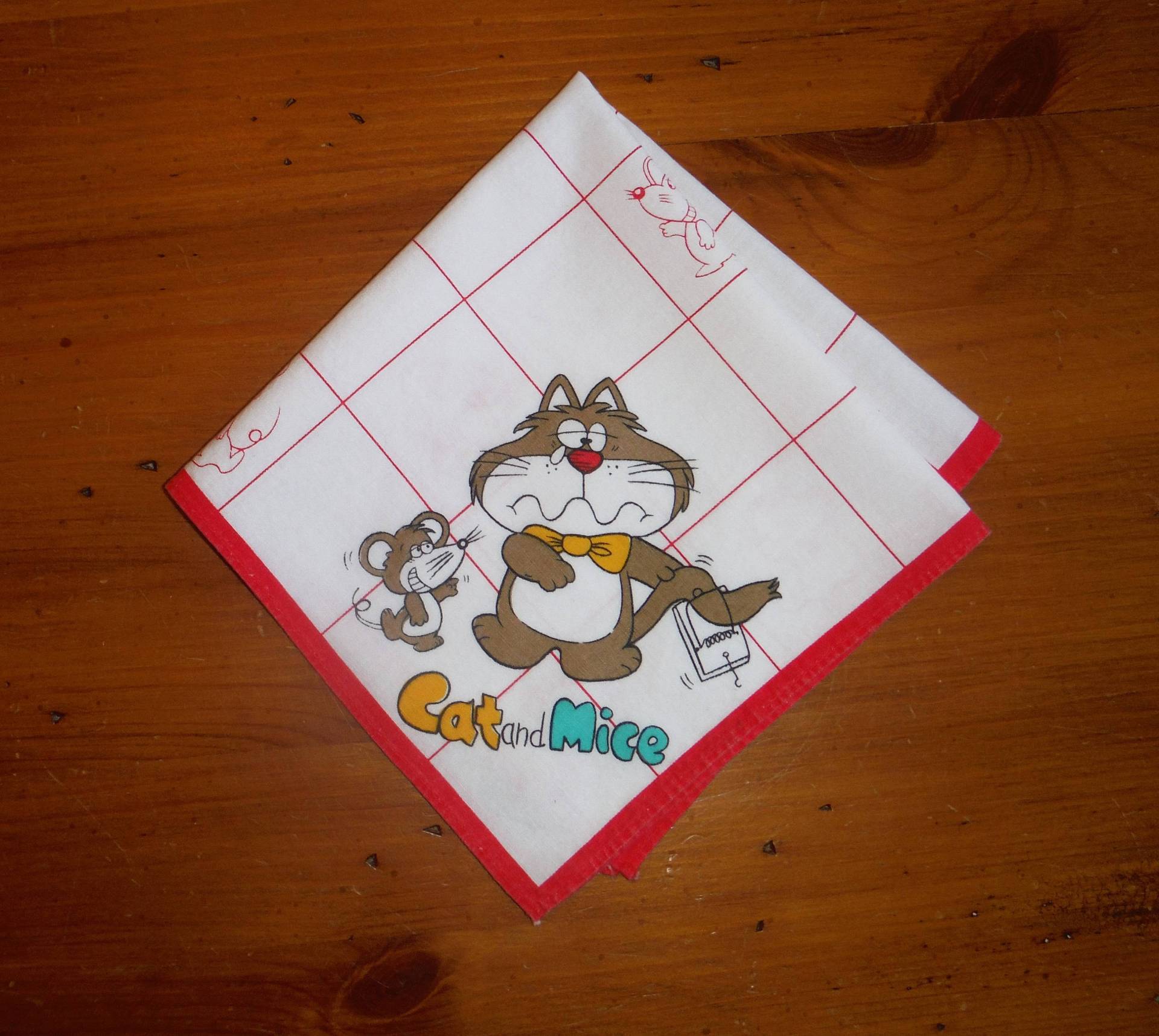 Vintage Kinder Katzen Und Mäuse Taschentuch - Mausefalle Kätzchen Kitty Katze Schachbrett 1980Er Jahre Tiere Cartoon Cartoons von Colorsforkidsshop