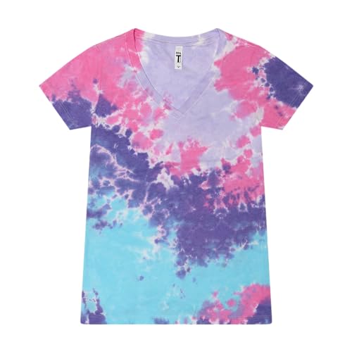 Colortone Batik V-Neck T-Shirt Damen XS-3XL | Batik Damen Tops Sommer mit verschiedenen Mustern | Basic Shirt Damen aus Baumwoll-Mix | Handgefärbtes Design Frauen Mädchen | Cotton Candy, S von Colortone