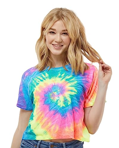 Colortone Damen Batik Crop T-Shirt | Batik Shirt XS - XL in verschiedenen Mustern | Hippie Shirt Damen Crop Top aus Baumwolle | Handgefärbtes Batik Design | Neon Rainbow, XL von Colortone