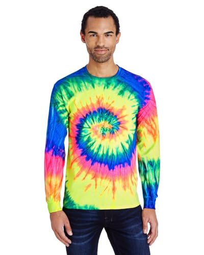 Colortone Unisex Batik Langarm Shirt 'Swirl' | Batik Shirt mit verschiedenen Mustern | Flower Power Kleidung Damen Herren aus Baumwolle | Handgefärbtes Batik Design | Neon Rainbow, S von Colortone