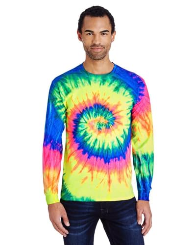 Colortone Unisex Batik Langarm Shirt 'Swirl' | Batik Shirt mit verschiedenen Mustern | Flower Power Kleidung Damen Herren aus Baumwolle | Handgefärbtes Batik Design | Neon Rainbow, XL von Colortone