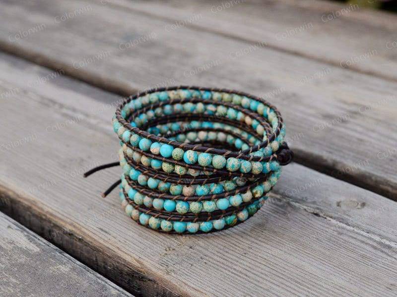 Bettelarmband Türkis Wickelarmband Armband Jaspis Leder 4mm Perlen Mit Braunem Lederband von Colorwin