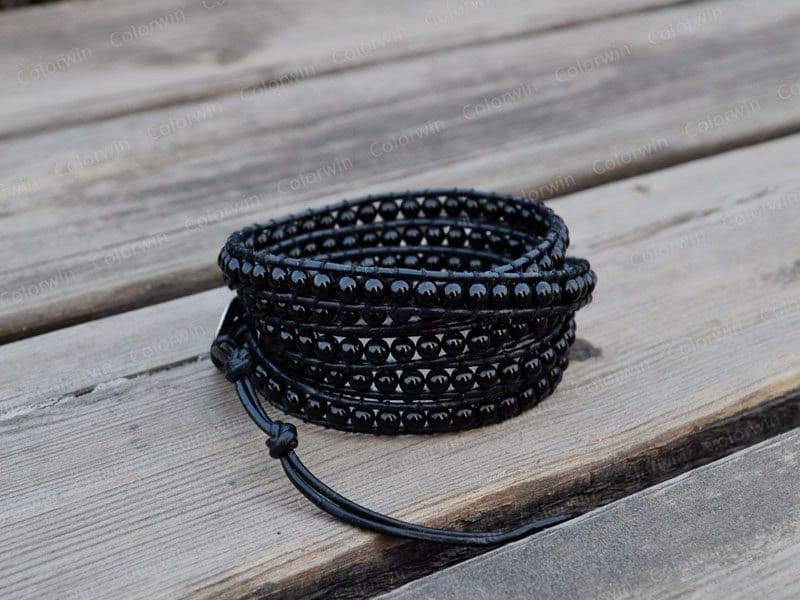 Leder Achat Armband Schwarzer Wickelarmband Perlen 4mm Mit Schwarzem Lederband von Colorwin