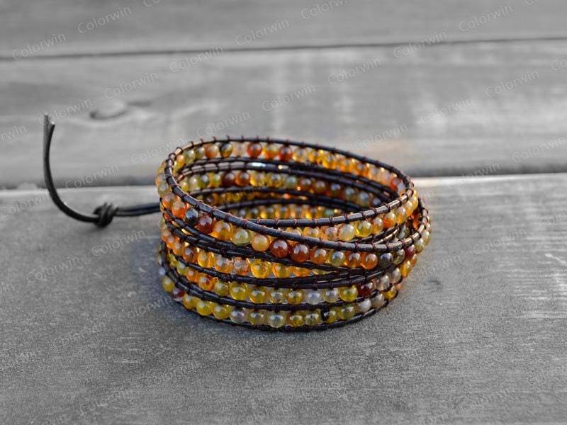 Lederarmband Achat Wickelarmband Perlenarmband Leder 4mm Mit Brauner Lederkordel Beste Freundin Geschenk von Colorwin