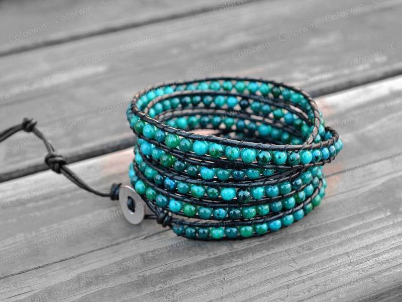 Lederarmband Mediterran Grün Wickelarmband Perlenarmband Leder Mit Schwarzer Lederschnur von Colorwin