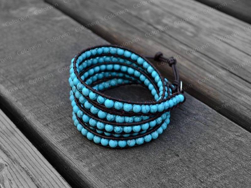 Türkisfarbenes Lederarmband Wickelarmband Bettelarmband Lederwickelarmband 4mm Perlenarmband Mit Brauner Lederkordel von Colorwin