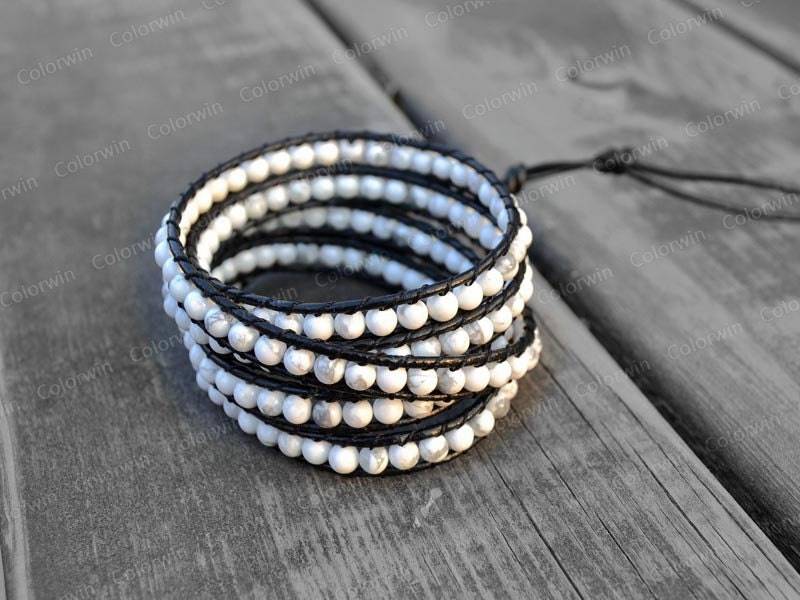 Weißes Achat Lederarmband Wickelarmband Weiße Perlen Armband Leder Geschenk Für Sie Brautjungfern von Colorwin