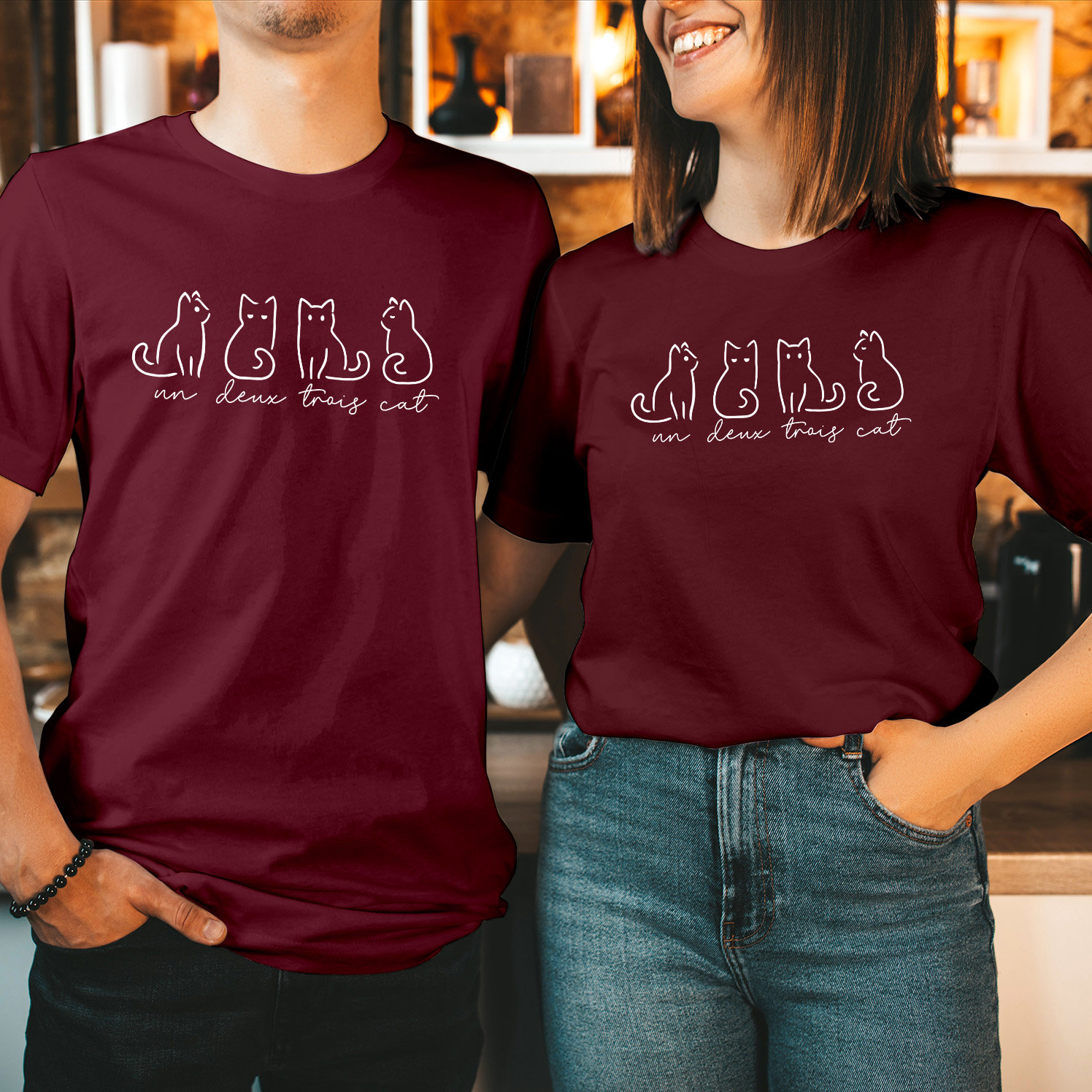 Tshirt | 5220 Un Deux Trois Cat Shirt Katzenliebhaber Geschenk Süßes Katzen Für Katzenmama Dad Frauen Geburtstag Jahrestag von ColourDropsUK