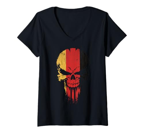 Damen German Flag Skull T-Shirt mit V-Ausschnitt Damen German Flag Skull T-Shirt mit V-Ausschnitt von Colourful Germany Flug Skull
