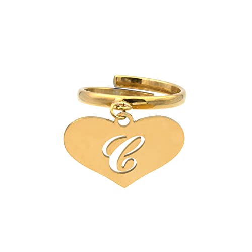 Colours & Beauty Gold Ring mit Anhänger Herz und Buchstaben | Personalisierter Schmuck mit Buchstabe C | Gold Ringe | Verstellbare Ringe Frauen Initial | Buchstabe Ring von Colours & Beauty