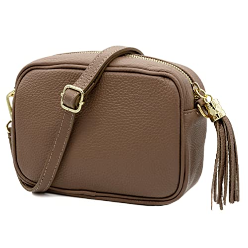 Colours & Beauty Kleine Dunkelbeige Umhängetasche Damen aus echtem Leder Made in Italy | Leder Umhängetasche | Crossbody Bag Damen | Gürteltasche| Handytasche zum Umhängen | Bauchtasche Damen Stylisch von Colours & Beauty