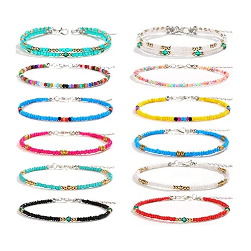 Colrid 12 Stück Fußkettchen Bunt, Einstellbare Fuß Kette, Fußkettchen Boho, Handgemachte Perlen Fußkettchen, Verstellbares Boho Fußketten Set, Modische Strand Fußkettchen für Frauen, Mädchen von Colrid