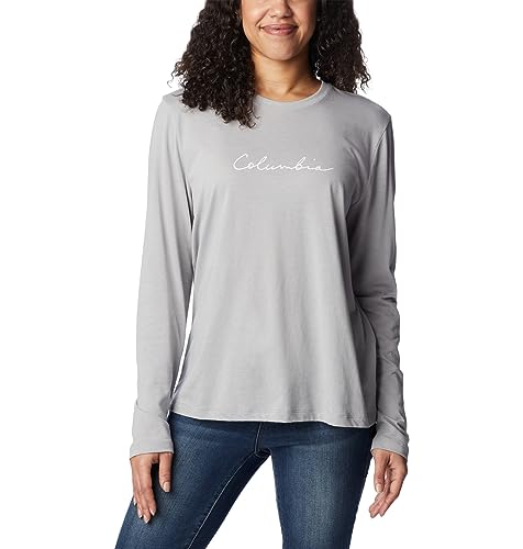 Columbia Damen Trek Relaxed Langarm T-Shirt, Columbia Grey Heather/Simply Scripted, Größe S von Columbia