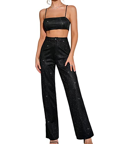 Colysmo Damen Zweiteiliges Outfit Glitzer Pailletten Ärmellos Cami Crop Top Bling Glitzer Hohe Taille Gerade Weite Bein Hose Set, Schwarz, XXL von Colysmo