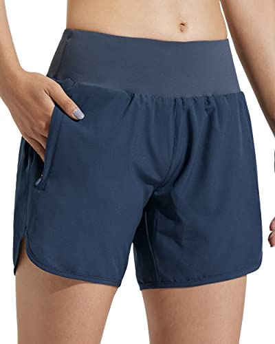 Comallan Damen Sport Shorts Schnell Trocknend Laufhose mit Liner Leicht Atmungsaktiv Fitness Kurze Hose Jogging Running Training Yoga-Marineblau XXL von Comallan