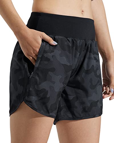 Comallan Damen Sport Shorts Schnell Trocknend Laufhose mit Liner Leicht Atmungsaktiv Fitness Kurze Hose Jogging Running Training Yoga-Schwarz grau getarnt L von Comallan