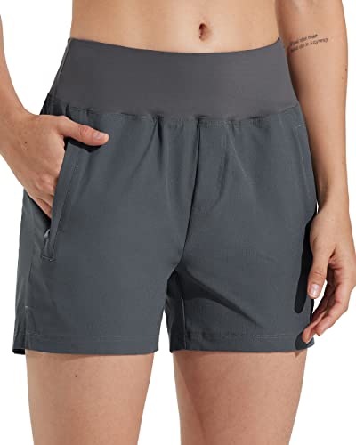 Comallan Damen Sport Shorts High Waist Laufhose Sommer Kurze Hose Schnell Trocknend Fitness Shorts Yoga Shorts Gym Jogging Training Sporthose für Damen mit Taschen-Grau S von Comallan