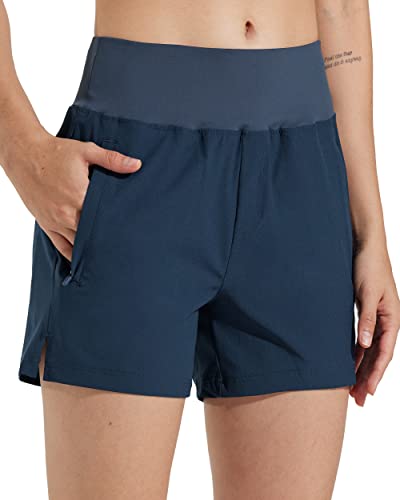 Comallan Damen Sport Shorts High Waist Laufhose Sommer Kurze Hose Schnell Trocknend Fitness Shorts Yoga Shorts Gym Jogging Training Sporthose für Damen mit Taschen-Marineblau XL von Comallan