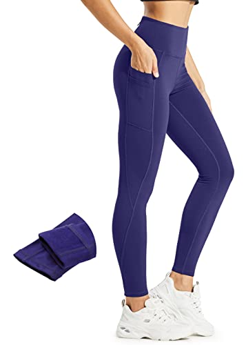 Comallan Damen Winter Thermo Leggings, Wasserdicht Lauf Sport Tights Laufhose Wanderhosen Training Hose Mit Fleece gefüttert und Taschen, Marineblau L von Comallan